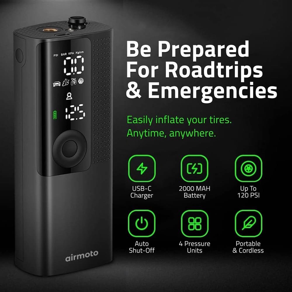 Airmoto Tire Inflator Portable Air Compressor, Black