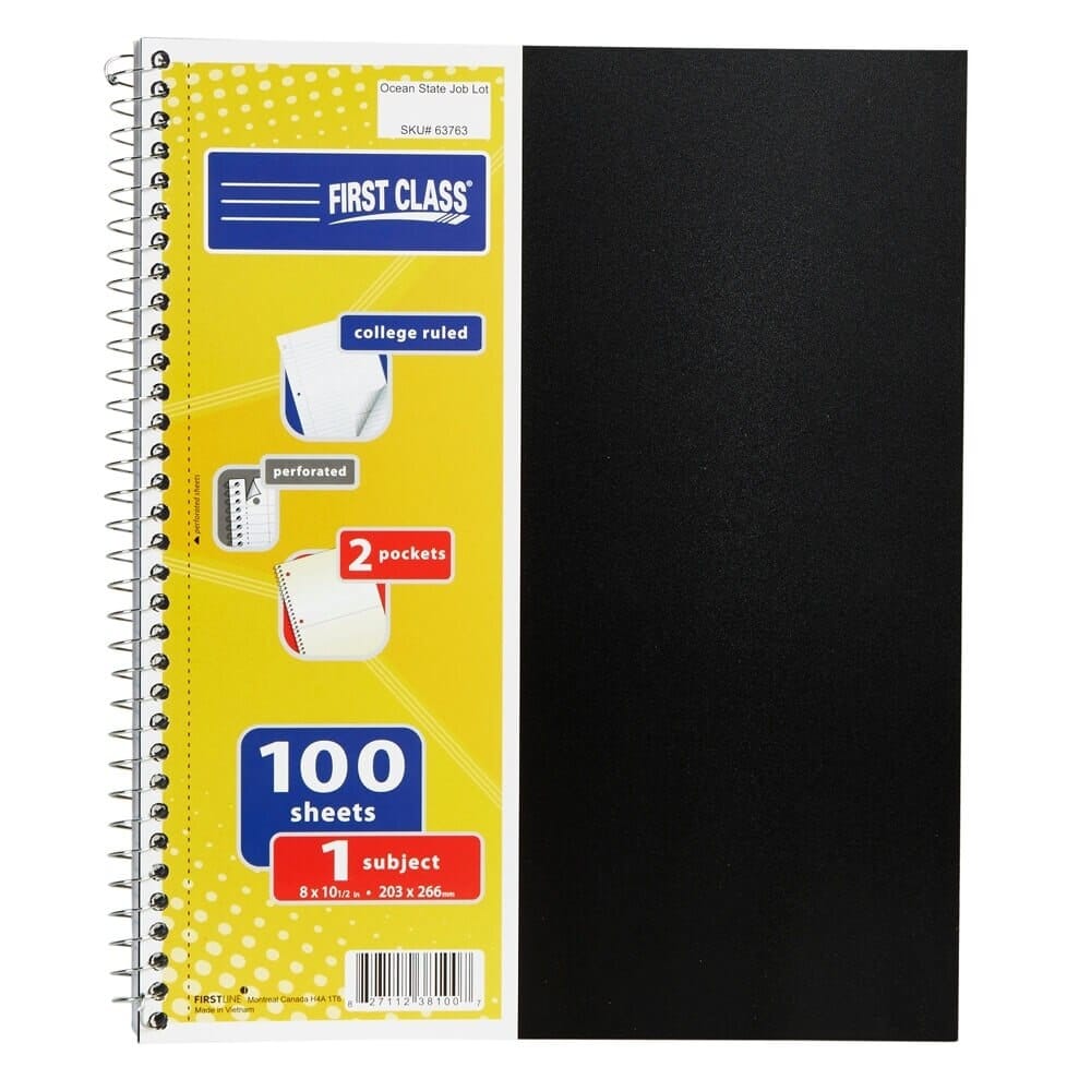 First Class 1 Subject College Ruled Spiral Notebook, 100 Sheets