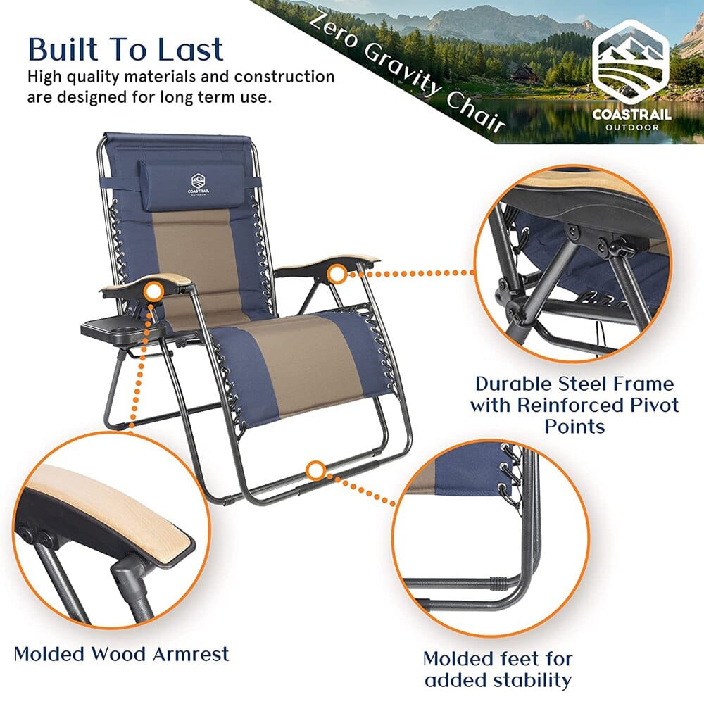 Coastrail Outdoor Zero Gravity Chair with Premium Wood-Like Armrests & Side Table with Cup Holder, Navy/Brown