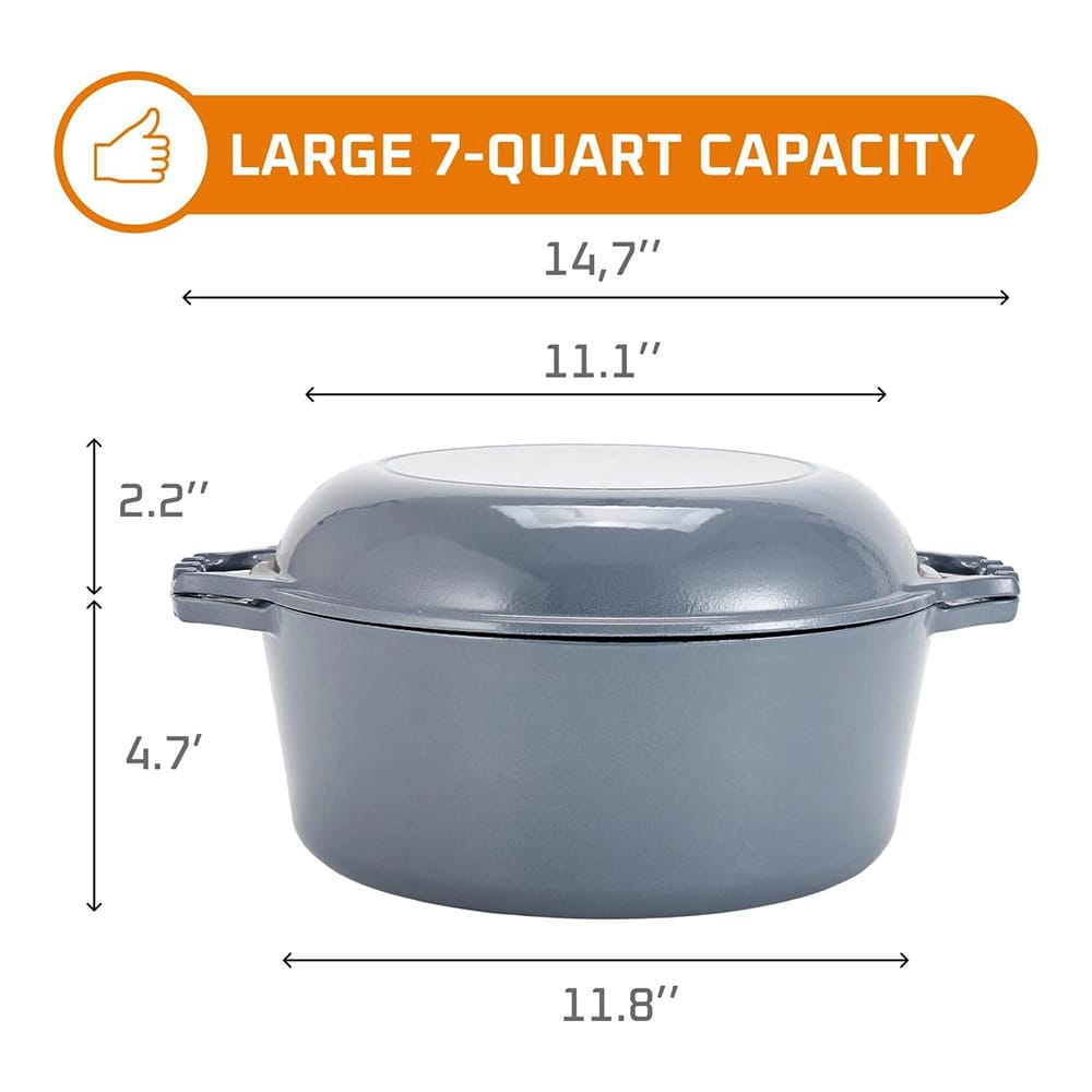 Bruntmor 7 Quart 2-in-1 Enamel Cast Iron Dutch Oven With Handles, Gray