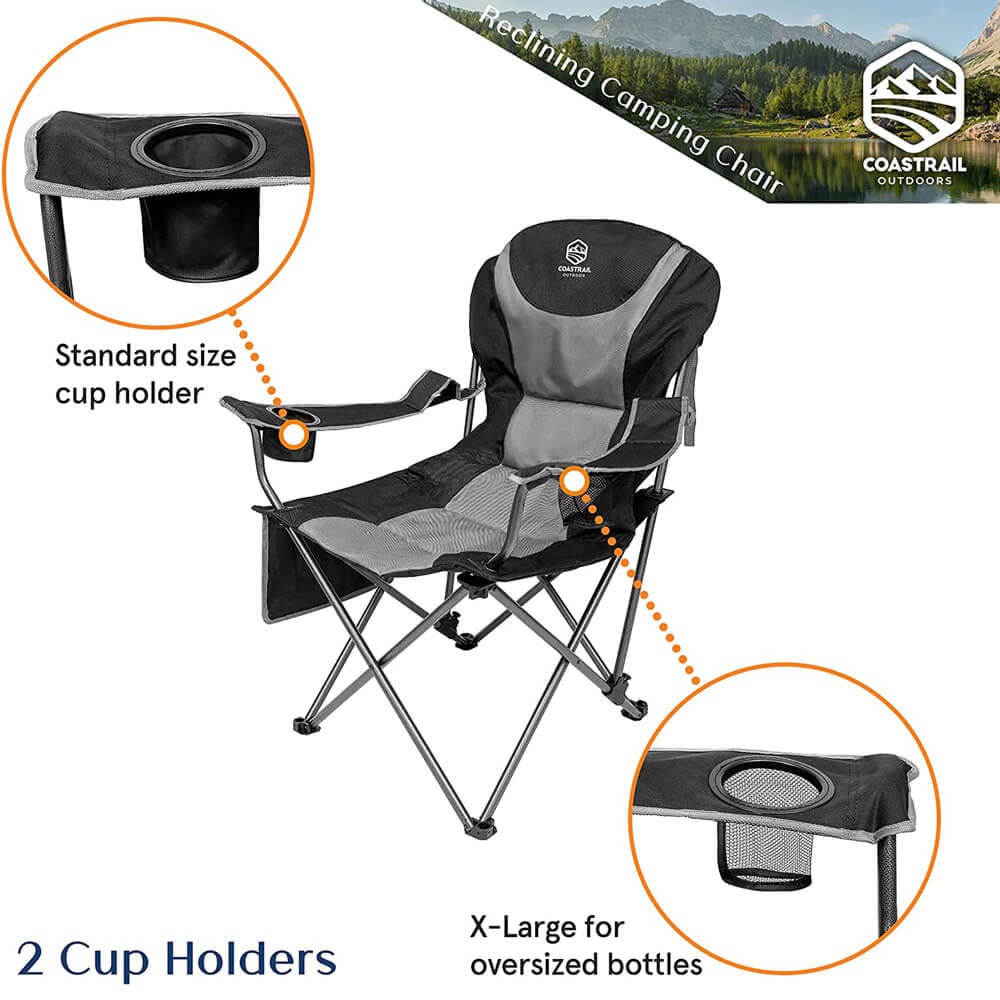 Coastrail Outdoor 3-Position Reclining Camp Chair with Cup Holders, Black/Gray