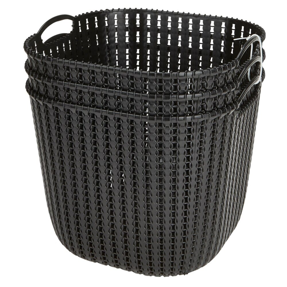 Small Plastic Black Storage Baskets with Handles, 3-Count