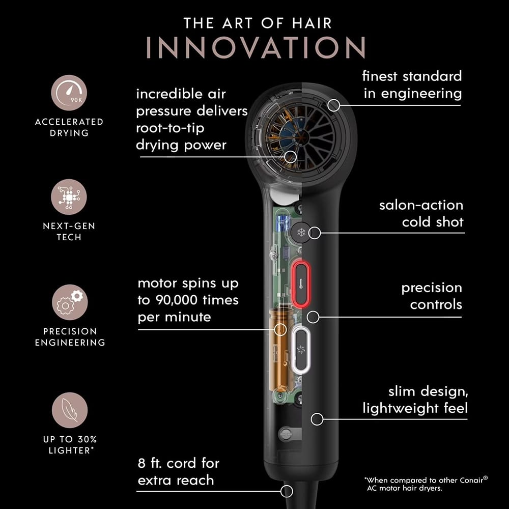 Conair InfinitiPRO Hair Dryer with Brush and Storage Bag, Black