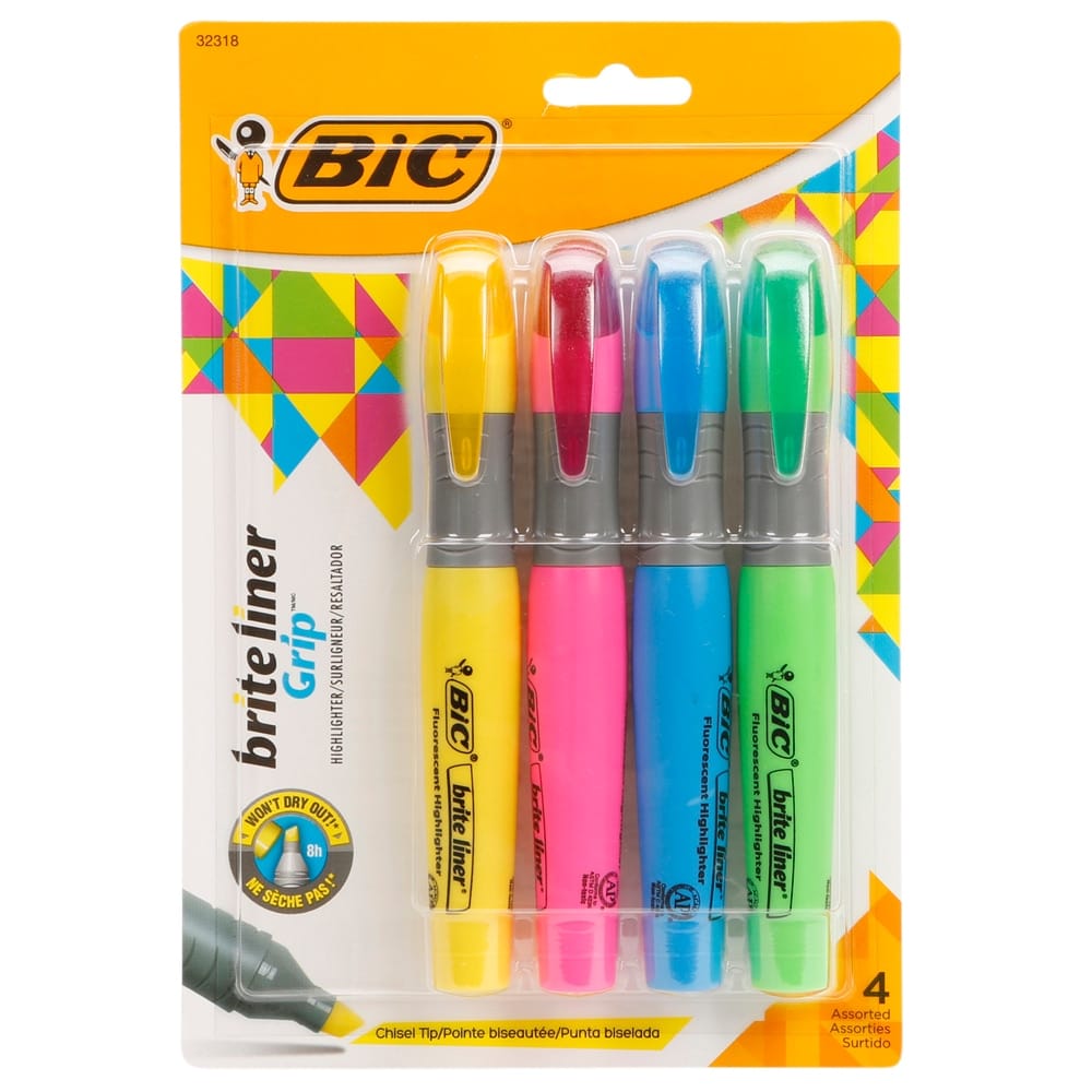 Bic Brite Liner Grip Highlighters, 4-Piece