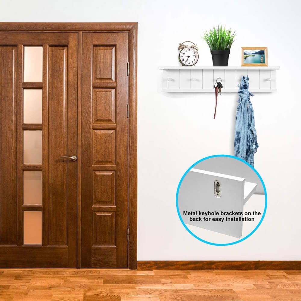Greenco Entryway Wall-Mounted Floating Shelf with Wooden Peg Style Hooks Plus Hat & Coat Hanging Storage Shelf, White