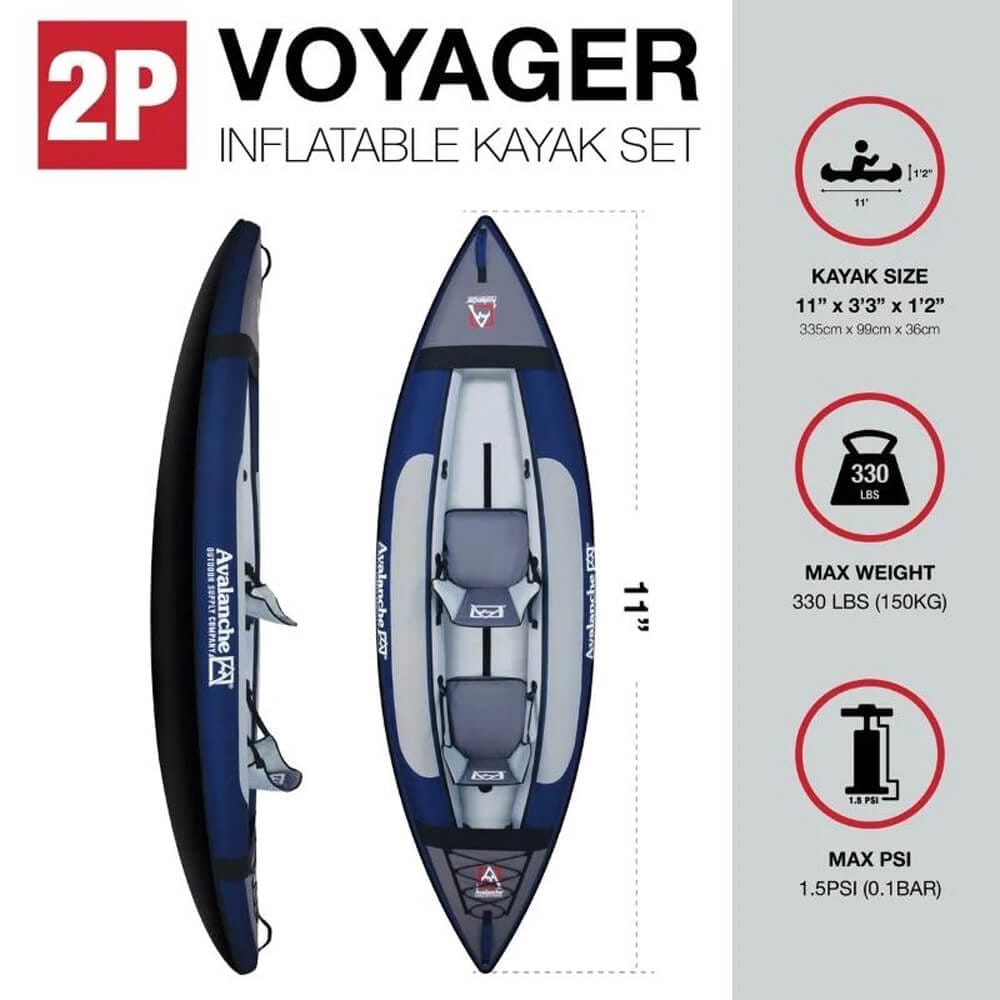 Avalanche 11' Voyager 2-Person Inflatable Kayak Set, Blue