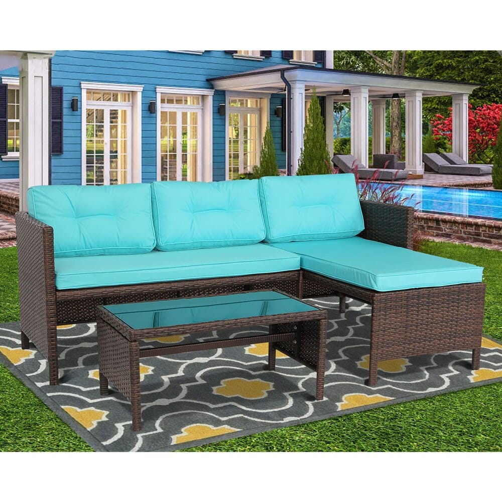 Outdoor Rattan Loveseat with Sectional Chaise Lounge, Turquoise