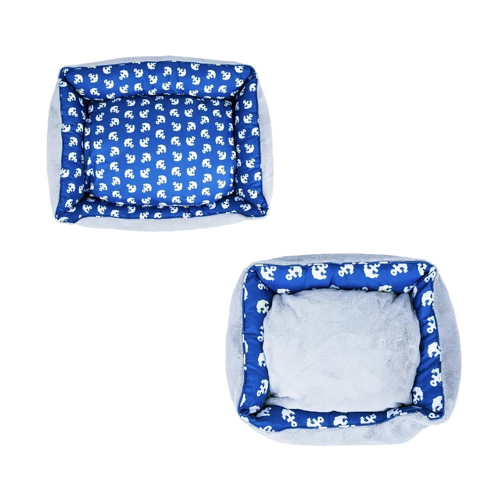 PETIQUE Small Reversible Pet Bed, Gray/ Blue Anchors