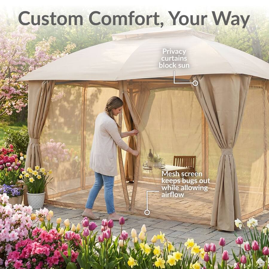 Sunnydaze 10' x 13' Soft Top Polyester Gazebo with Privacy Wall, Tan