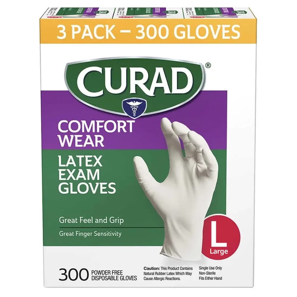 Curad Comfort Wear Latex Exam L Gloves, 300 ct, 3-Pack