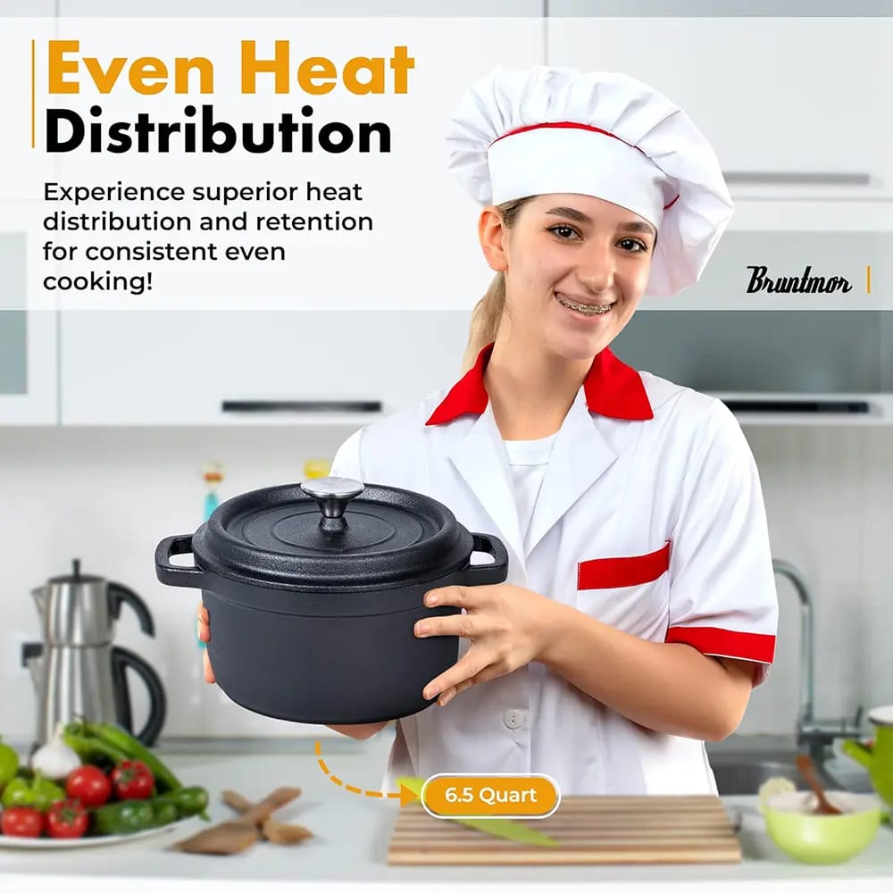Bruntmor 6.5 Quart Pre-Seasoned Cast Iron Dutch Oven, Black