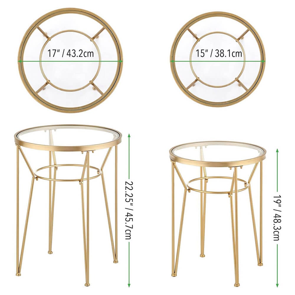 mDesign Round Metal Accent Table with Hairpin Legs, Set of 2, Soft Brass/Clear