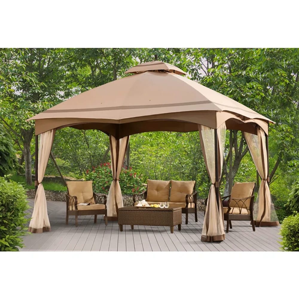 Sunjoy Metal Soft Top 2-Tier Steel Gazebo, 12.8' x 10.5', Tan/Brown