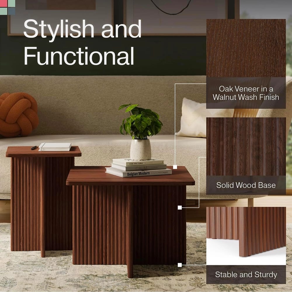 2-Piece Stead Square Fluted Nesting Coffee Table Set, Walnut