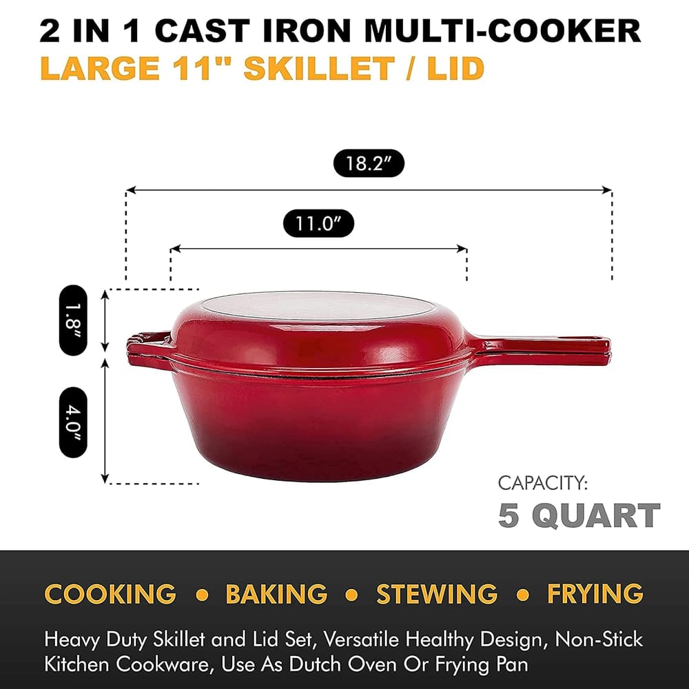 Bruntmor 2 in 1 5-Quart Enameled Cast Iron Pot with Lid, Red
