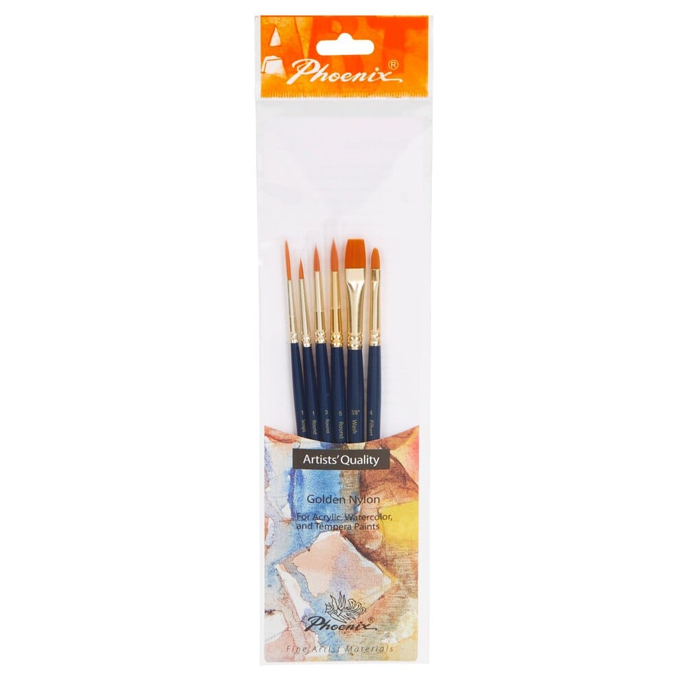 Phoenix Artists' Quality Golden Nylon Brushes, 6 Count