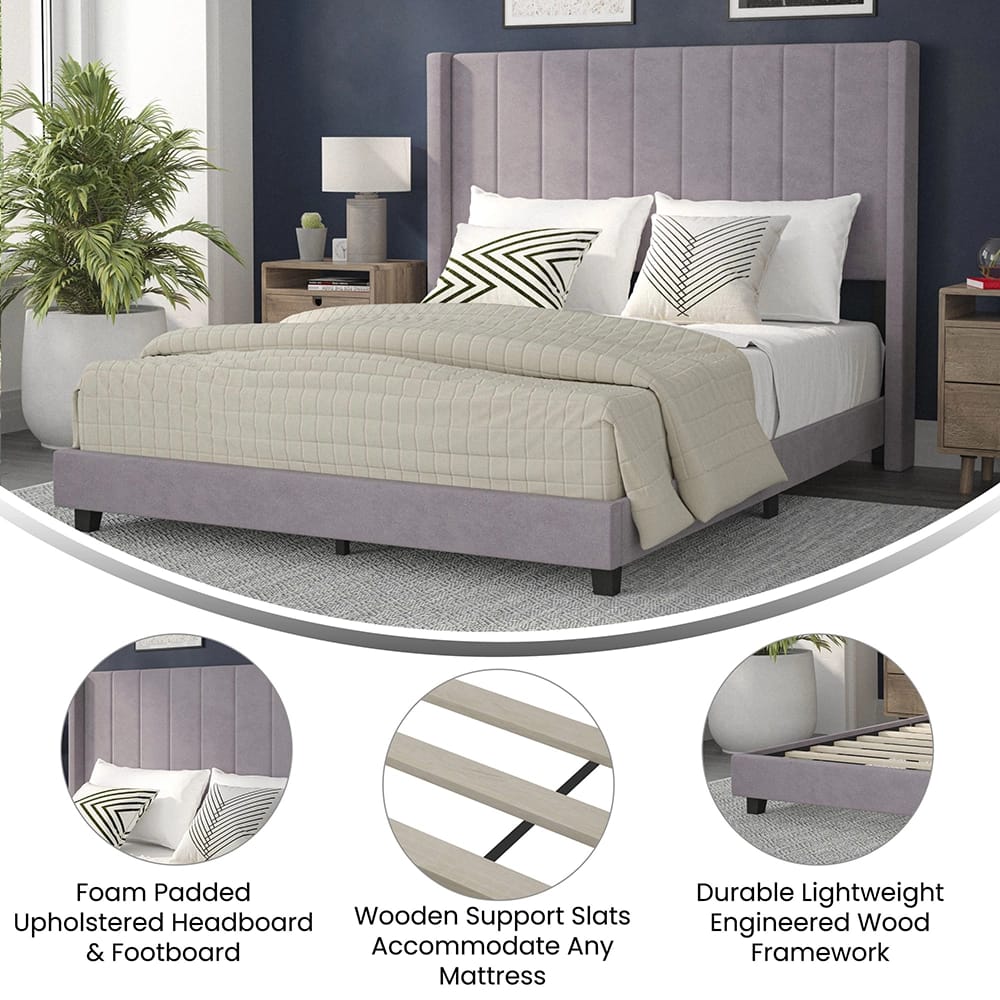 Bianca Upholstered Platform Bed with Vertical Stitched Wingback Headboard, Queen, Gray
