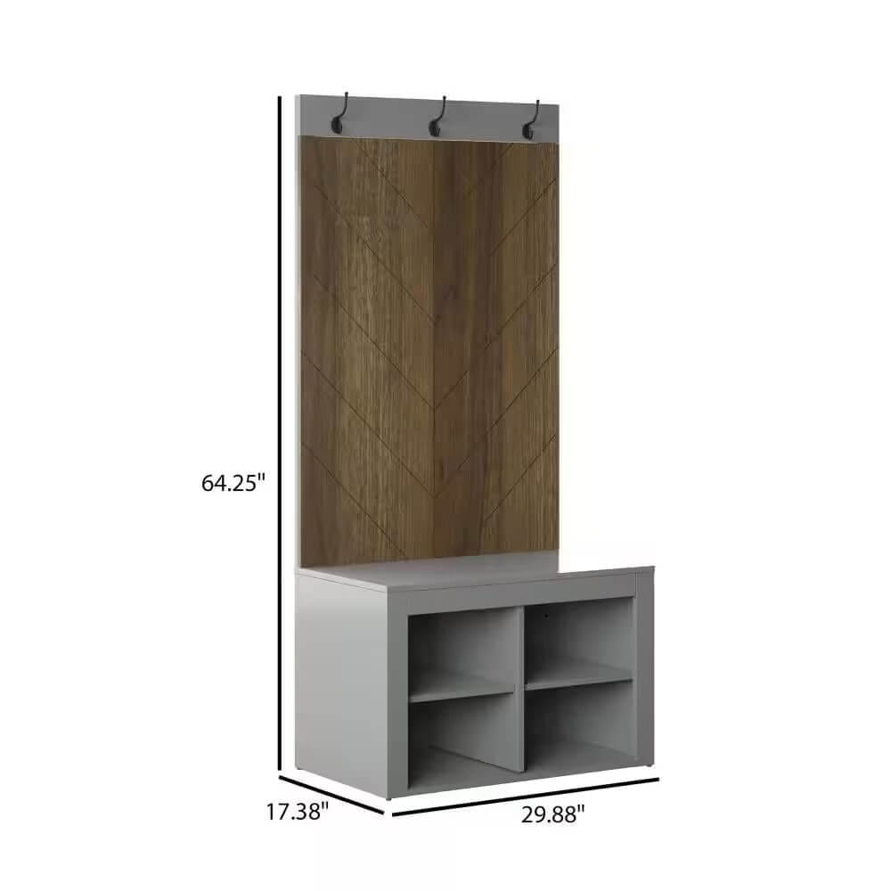 Twin Star Home Chevron Hall Tree with 4 Storage Cubbies, Pure Gray/Plainview Walnut