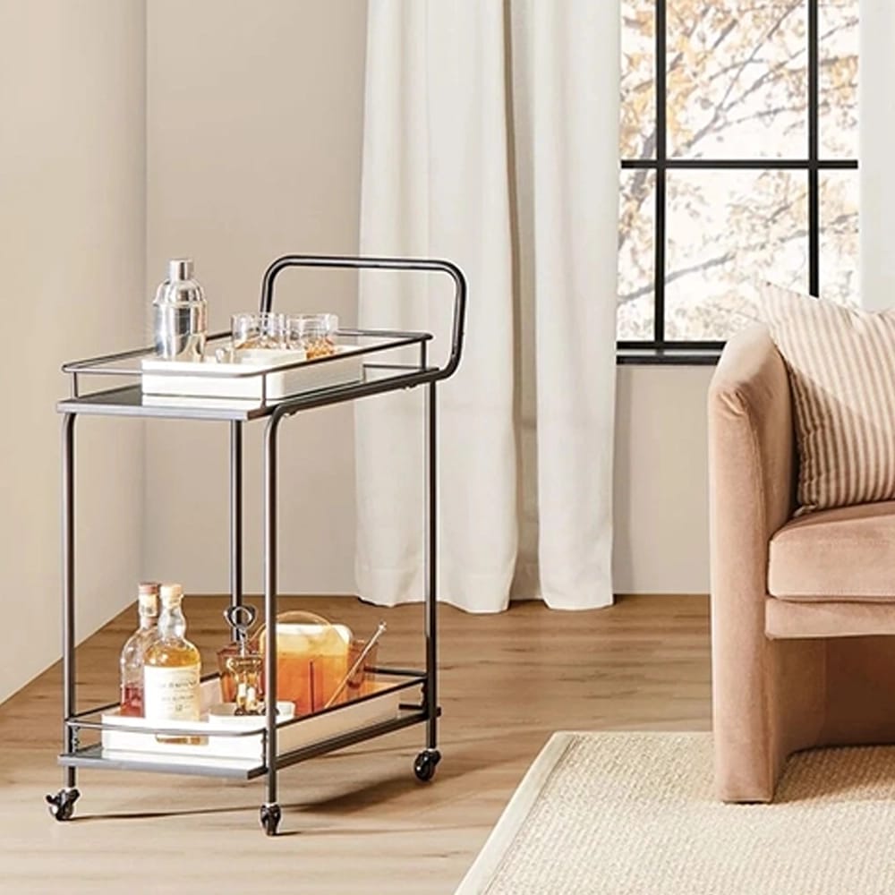 mDesign Metal Rectangle Rolling Bar Cart with Glass Shelves, Black