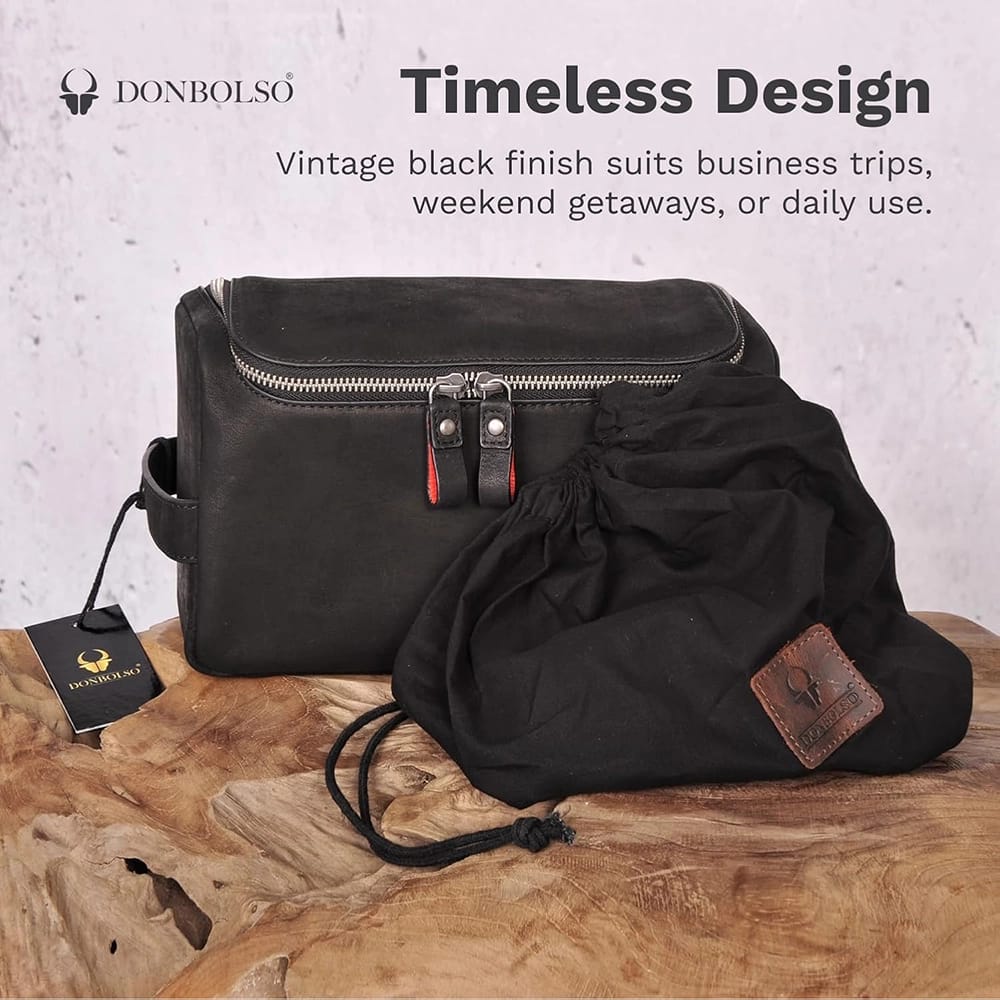 DONBOLSO Leather Toiletry Bag, Vintage Black