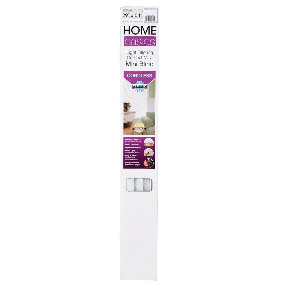 Home Basics Cordless Light Filtering Vinyl Mini Blinds, White, 29" x 64"