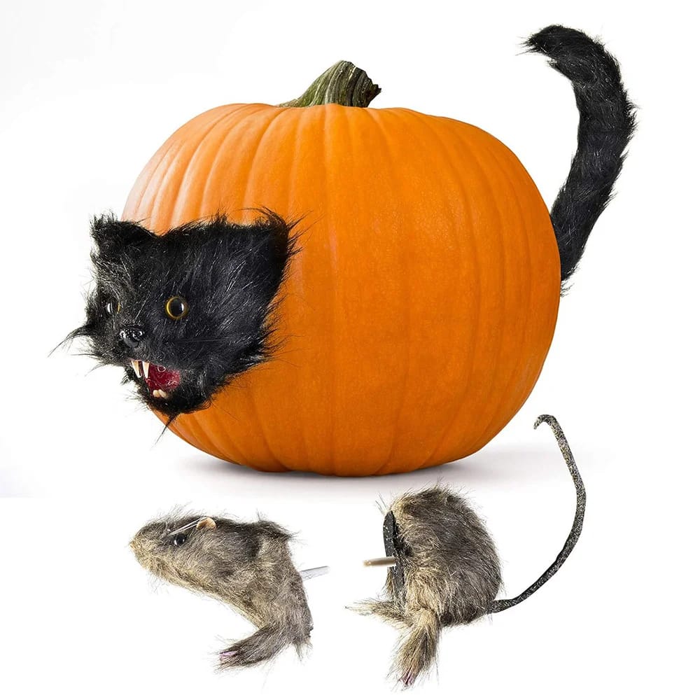 Prextex Creepy Cat and Furry Rat Head Pumpkin Decorations