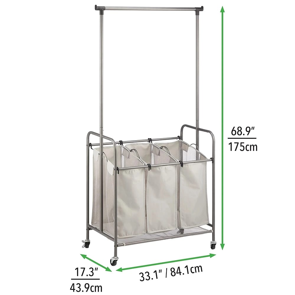 mDesign Portable Laundry Sorter with Wheels and Steel Hanging Bar, Graphite/Gray