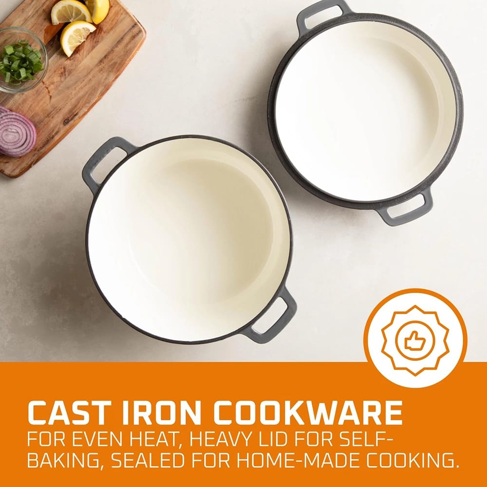 Bruntmor 2-in-1 5-Quart Enamel Cast Iron Double Dutch Oven Set, Gray