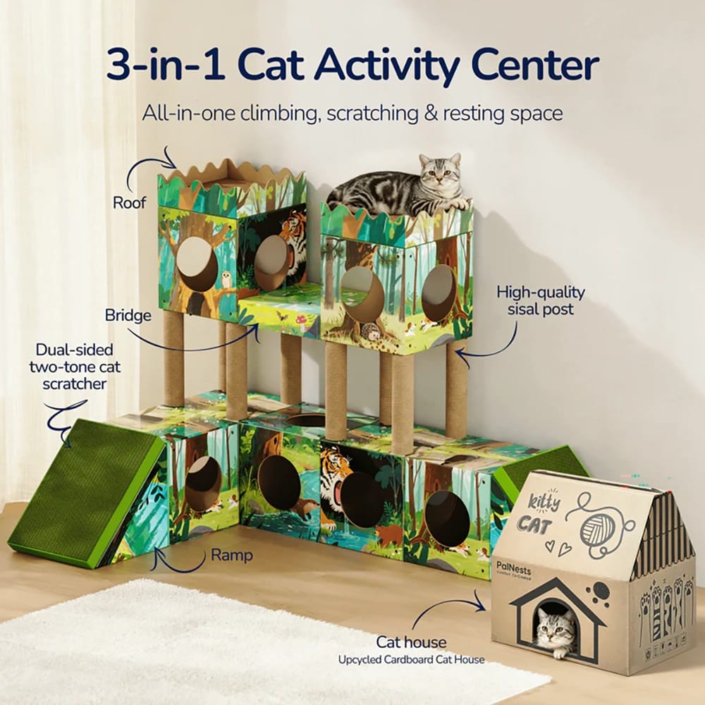 PalNests Large 3-in-1 Modular Cardboard Cat Tree & Scratcher House, Jungle