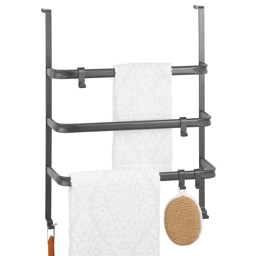 mDesign Metal Over the Door Towel Rack with 4 Adjustable Hooks, Graphite