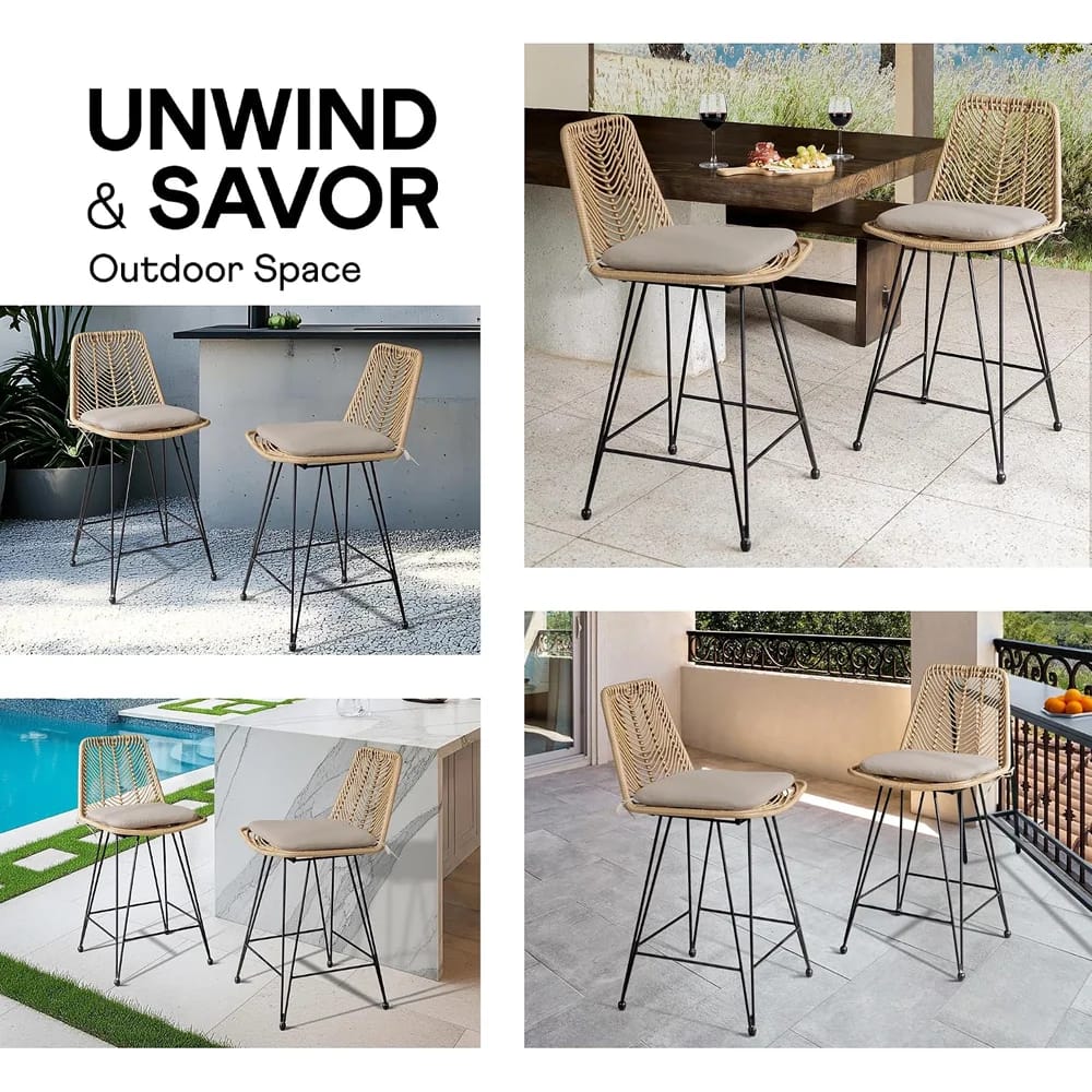Idzo Chateau Outdoor Rattan Bar Stools, 2-Piece, Tan, 36.5"