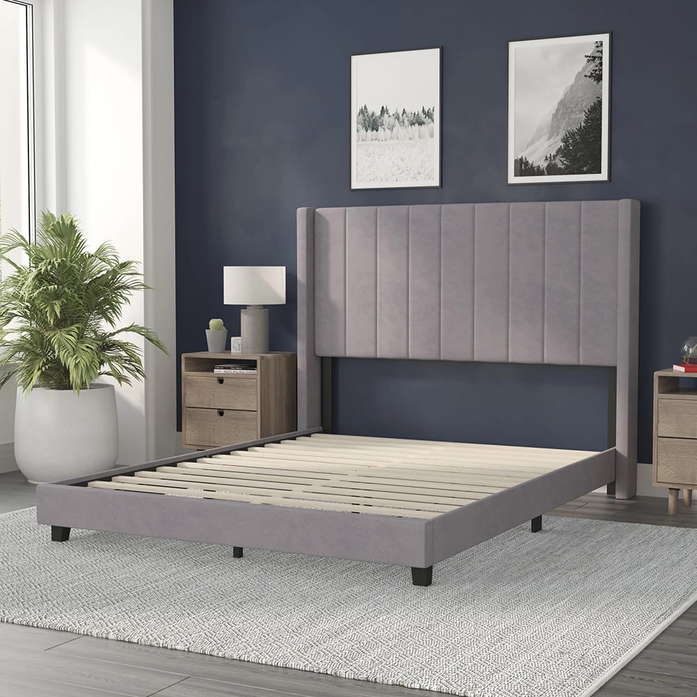 Bianca Upholstered Platform Bed with Vertical Stitched Wingback Headboard, Queen, Gray