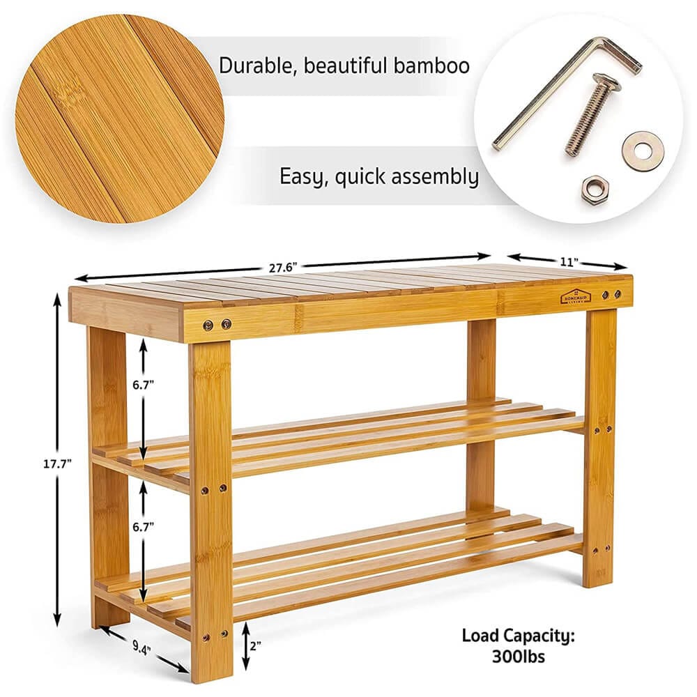 Homemaid Living 3-Tier Bamboo Shoe Rack & Bench, Natural