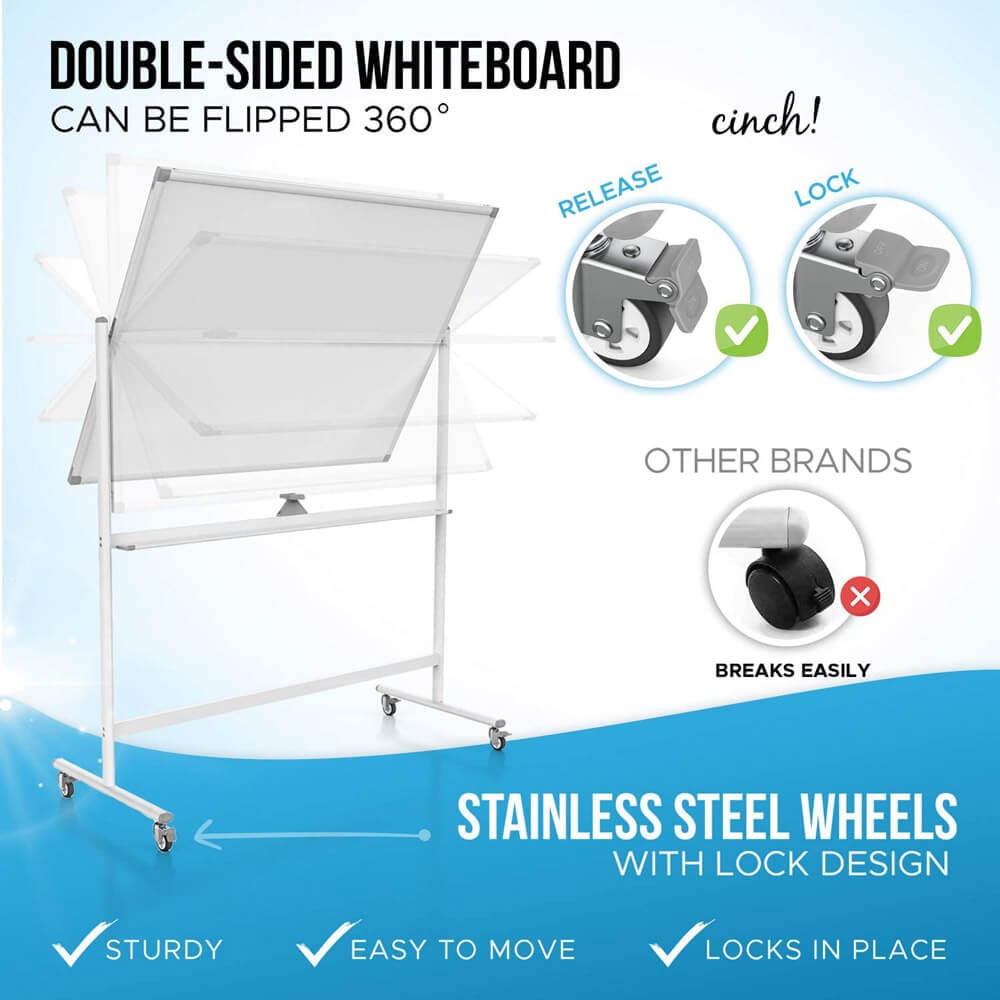 Cinch! Large Mobile Rolling Whiteboard on Wheels, 48" x 36", White