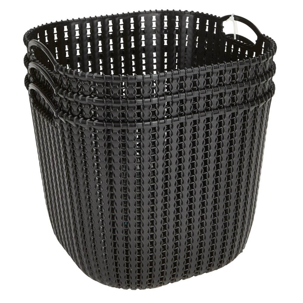 Small Plastic Black Storage Baskets with Handles, 3-Count