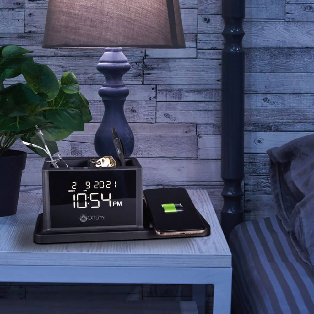 OttLite LCD Digital Alarm Clock with Organizer & Wireless Charging