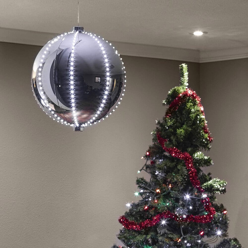 Alpine 13" Large Hanging Christmas Ball Ornament with 240 Warm White Chasing LED Lights & 6 Light Effects, Silver