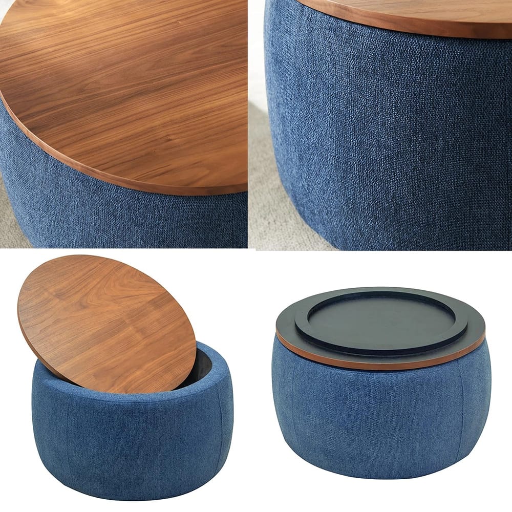 Round Storage Ottoman, Blue
