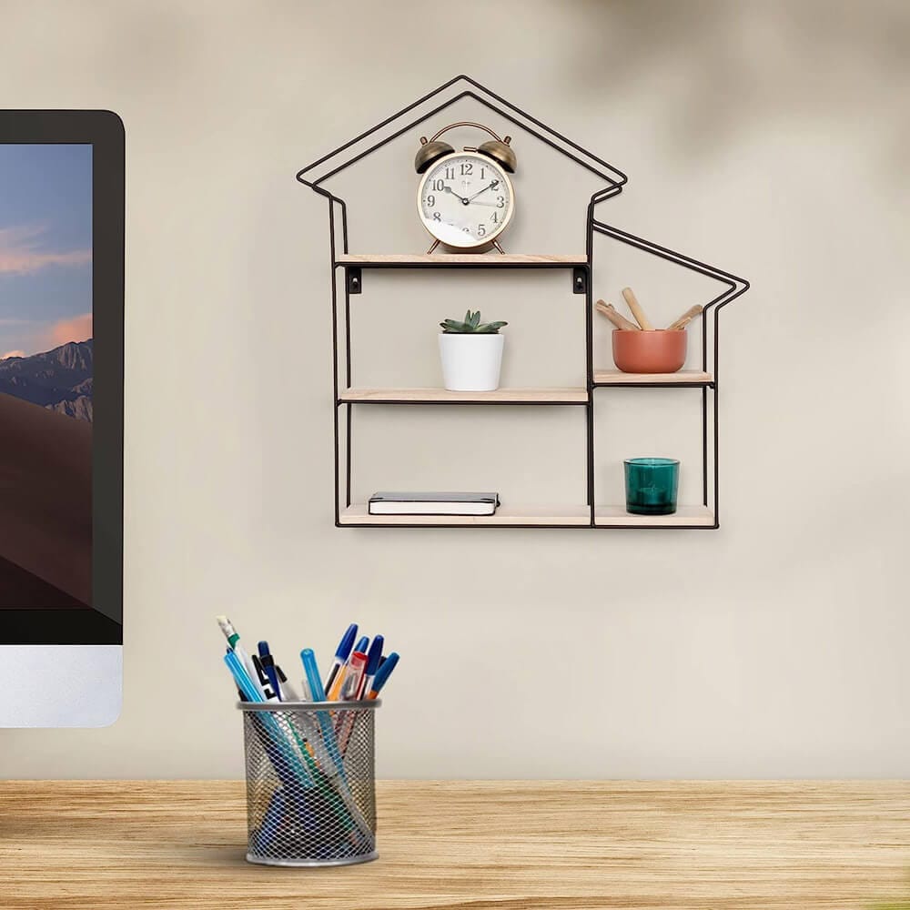 Greenco Natural Geometric House Shaped 3-Tier Floating Shelves, Natural/Black