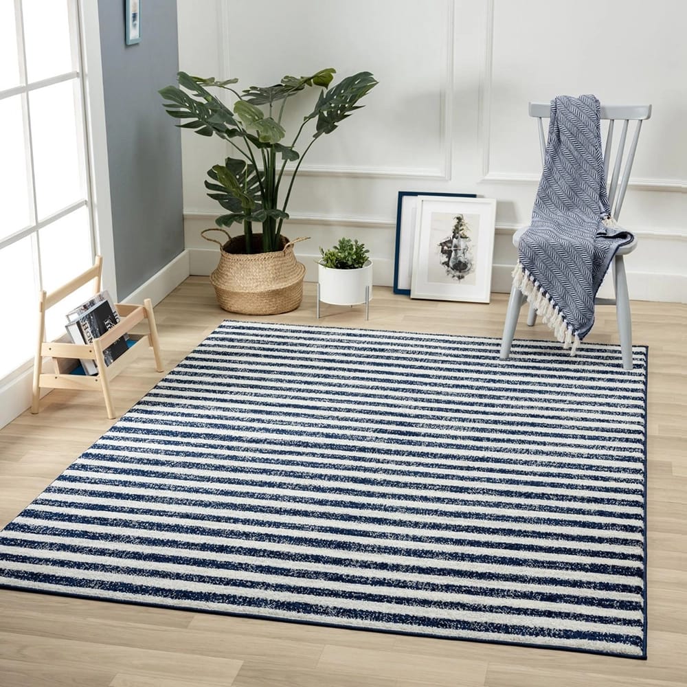 Daphnes 8'6" x 12'5" Contemporary Striped Area Rug, Navy/Cream