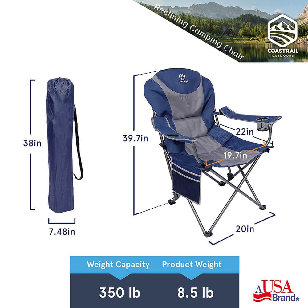 Coastrail Outdoor 3-Position Reclining Camp Chair with Cup Holders, Blue/Gray