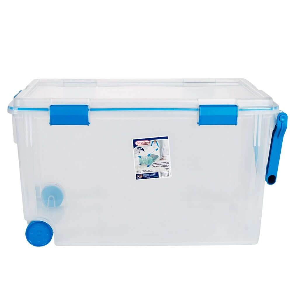 Sterilite 120 Qt Dichtungsbox – Transparent Mit Blauen Riegeln, Luftdicht, Auf Rollen Für Einfachen Transport