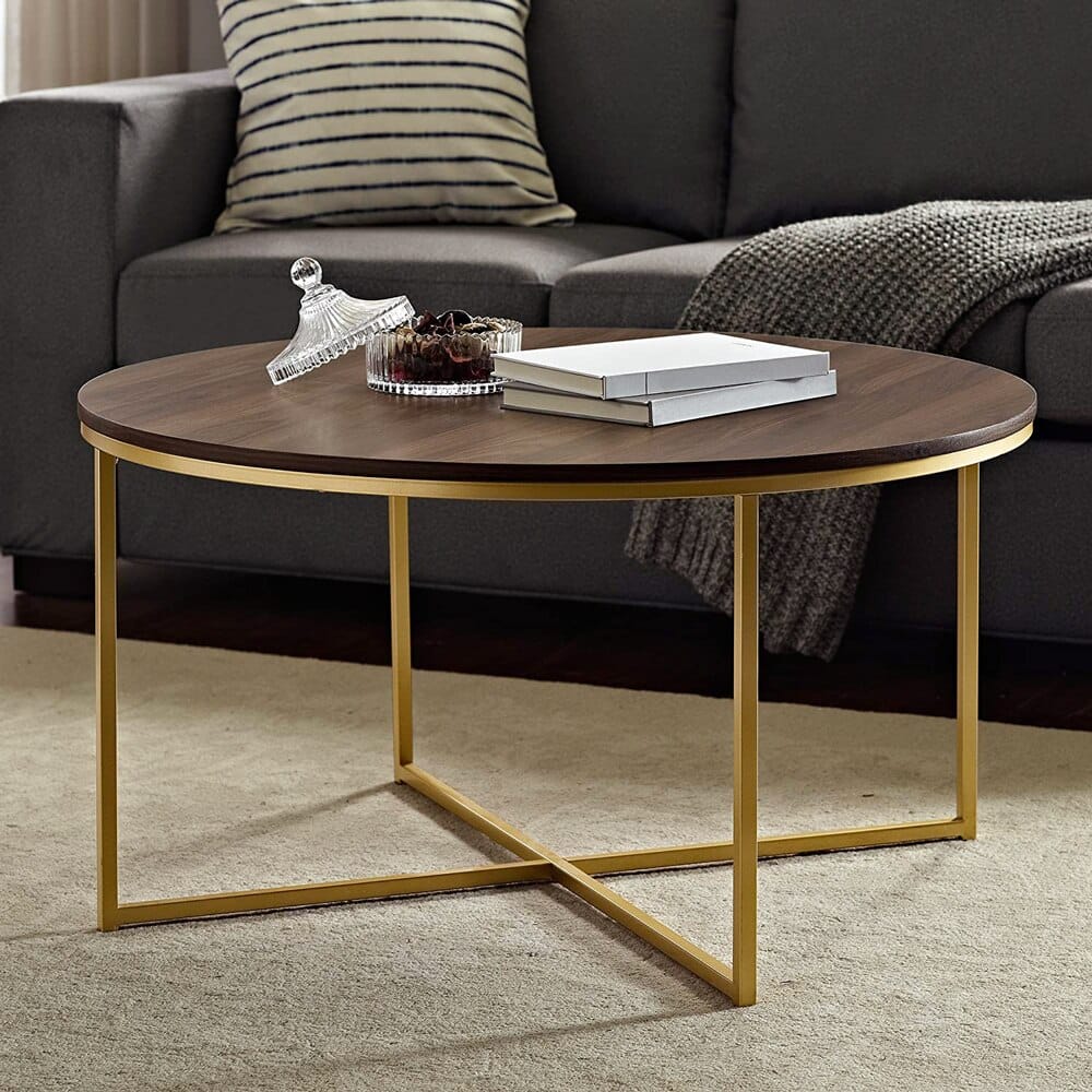 Walker Edison Cora Modern Round Faux Marble Top Coffee Table, Walnut/Gold