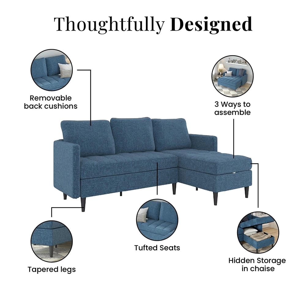 Dorel Home Xandor Modular Sectional Sofa with Storage Chaise, Blue Linen