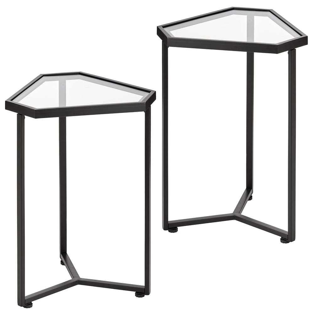 mDesign Triangle Inlay Glass Accent Table, Black, Set of 2