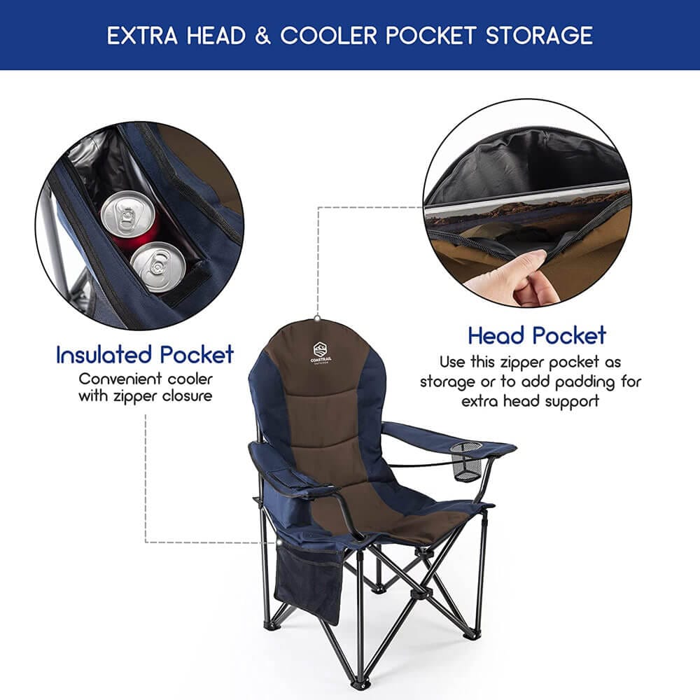 Coastrail Outdoor Oversized Camping Chair with Cooler Bag & Cup Holder, Blue/Brown