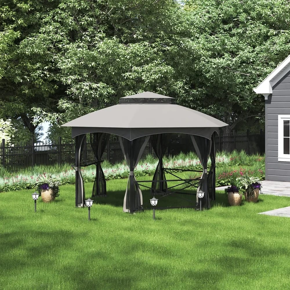 Sunjoy 2-Tone Steel Gazebo with 2-Tier Dome Roof, 14.7' x 12.7', Gray