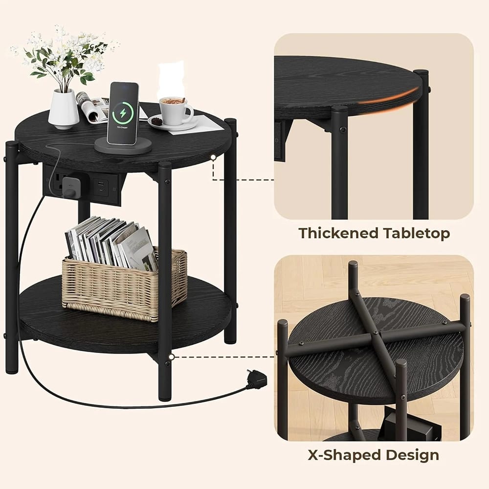 LIKIMIO 15.8" Double-Tiered Round End Tables with Charging Station, Black, 2 Count