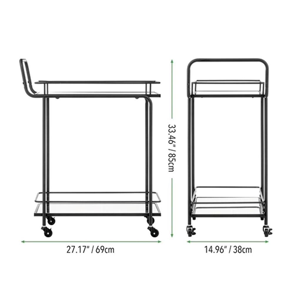 mDesign Metal Rectangle Rolling Bar Cart with Glass Shelves, Black