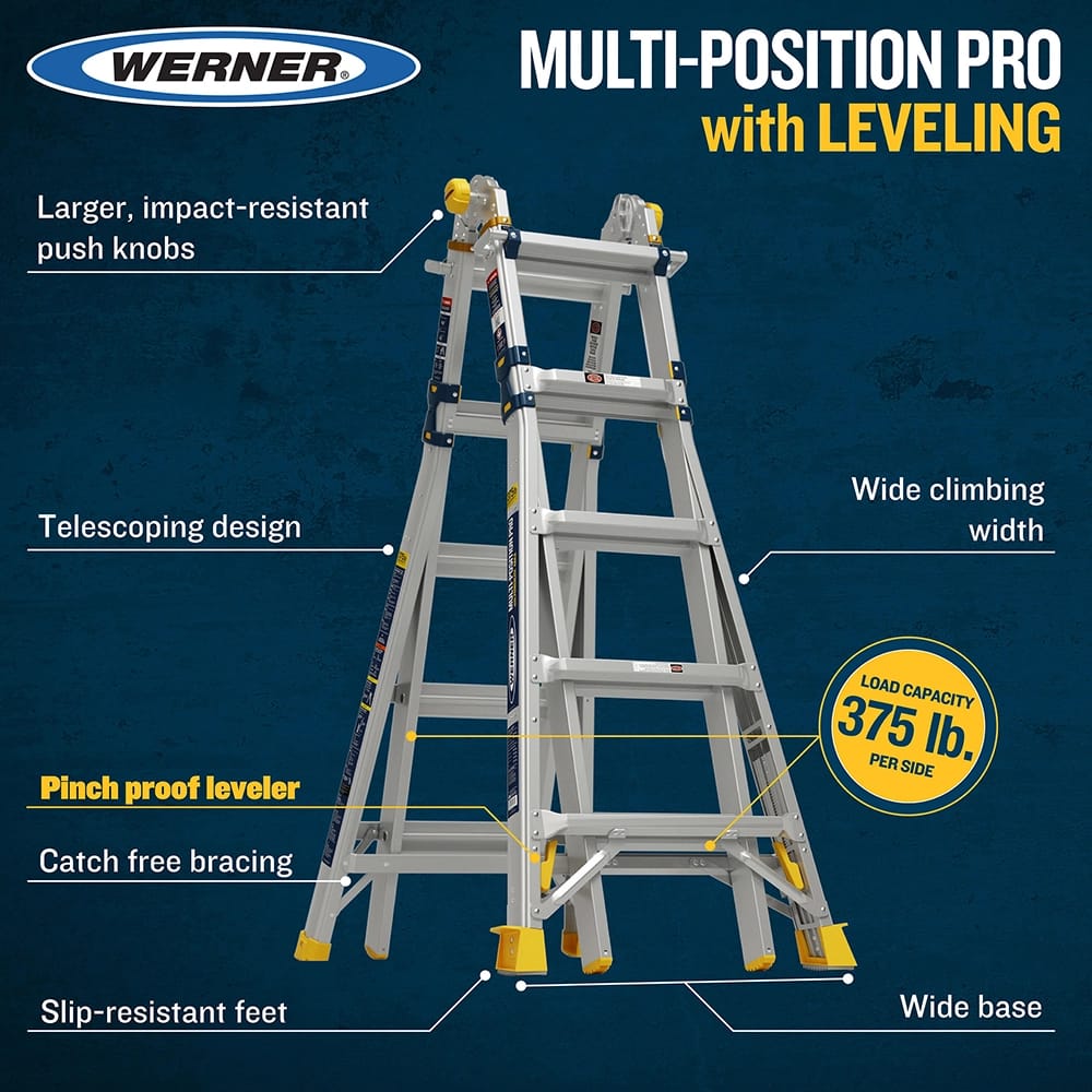 Werner 22' Reach Aluminum 5-in-1 Multi Position Pro Ladder with Built-in Leveling